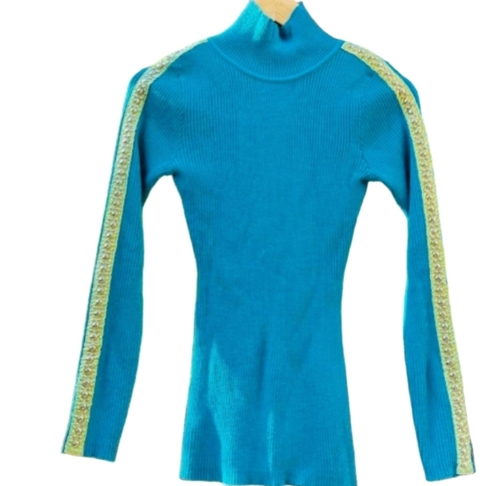 -- Cache Blue Ribbed Knit Top